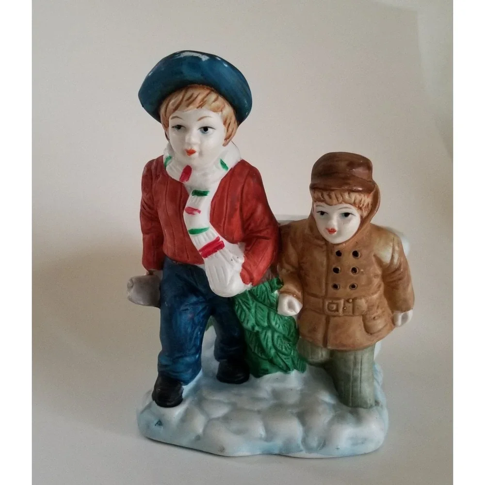 Vintage Ceramic Christmas Planter Boys Carrying Tree Winter Figurine Decor